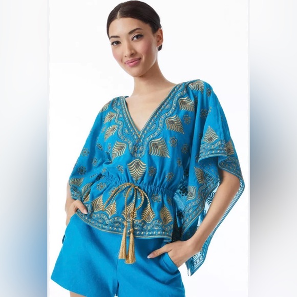 alice + olivia Tops - Alice + Olivia Sharita Blue Green Teal Gold Embroidered Drawstring Top Blouse